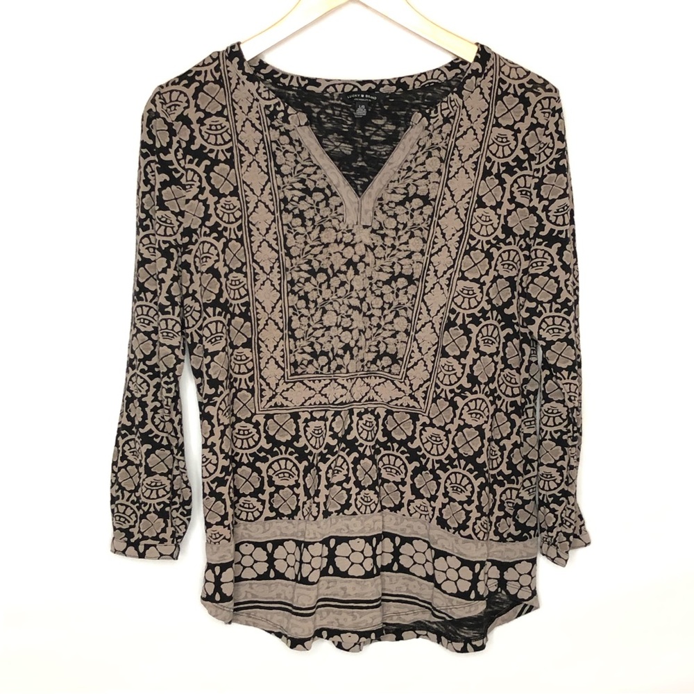 Lucky Brand Floral Print Top Tan and Black 3/4 Sleeve Size Large